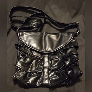 Black Faux Leather Ruffled Crossbody Bag Purse Approx 10x10"